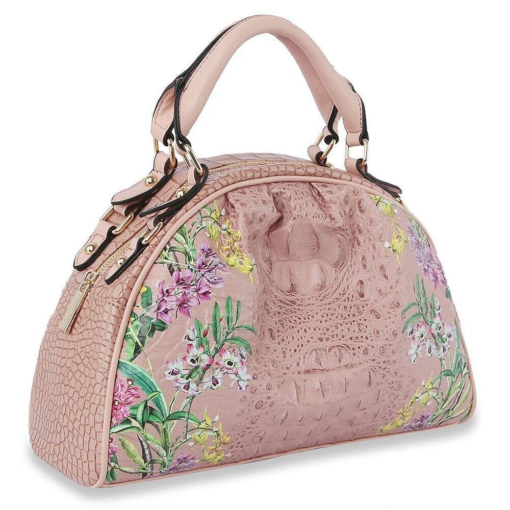 Mauve Floral Accented Embossed Top Handle Satchel Hobo Bags Fashion Washed